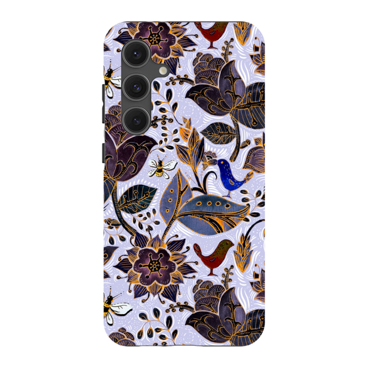 Samsung Tough Case with Royal Botanical floral art, featuring birds and bees on a light purple background with dual-layer.