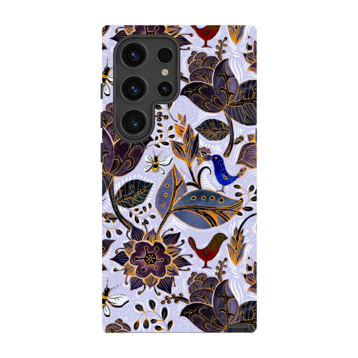 Samsung Tough Case featuring a Royal Botanical floral and bird pattern on a light purple background with dual-layer protection.