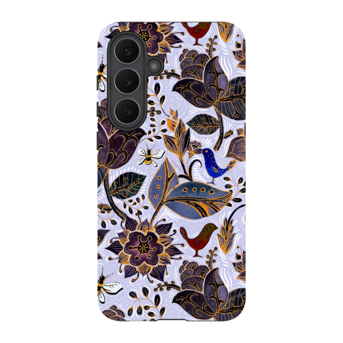 Samsung Tough Case featuring a Royal Botanical floral and bird pattern on a light purple background with dual-layer protection.
