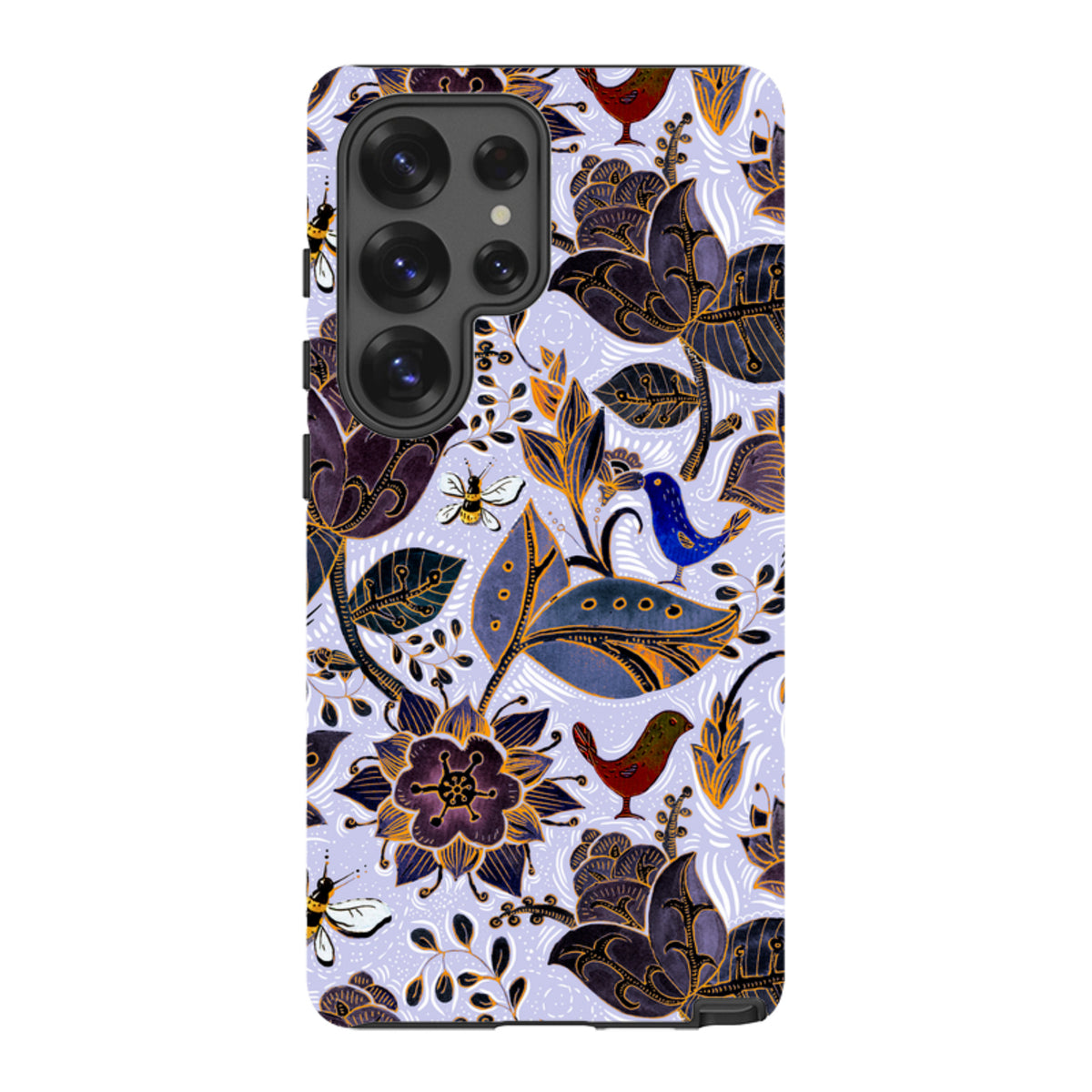 Samsung Tough Case featuring a Royal Botanical floral print with birds and bees on a light purple background.
