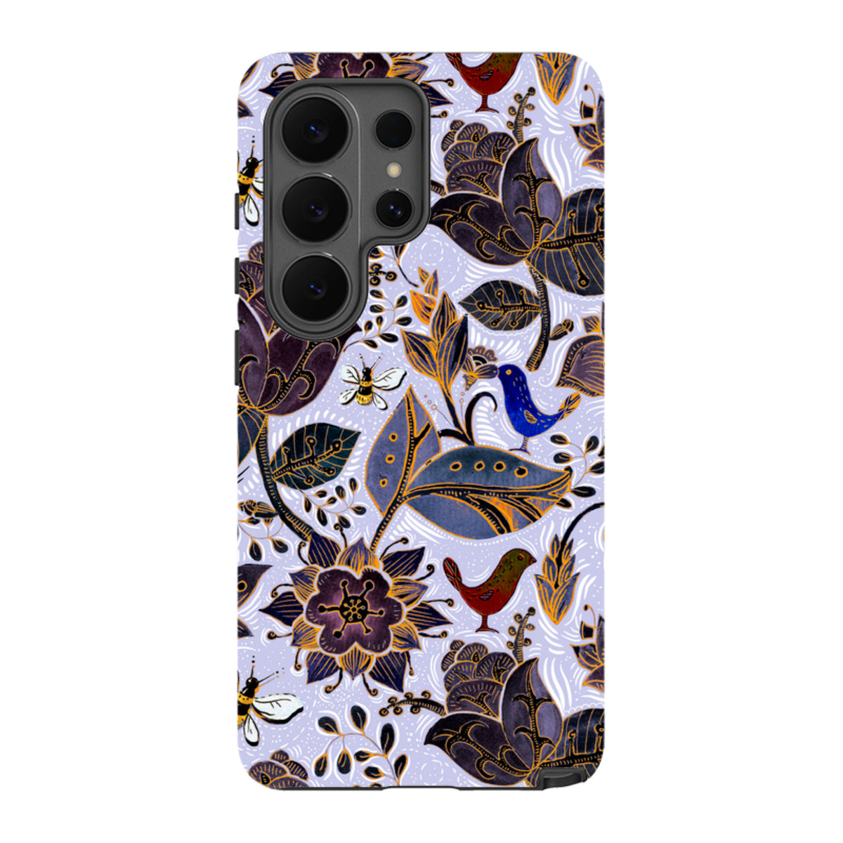 Samsung Tough Case featuring a Royal Botanical print with dark floral patterns, birds, and bees on a light purple background.