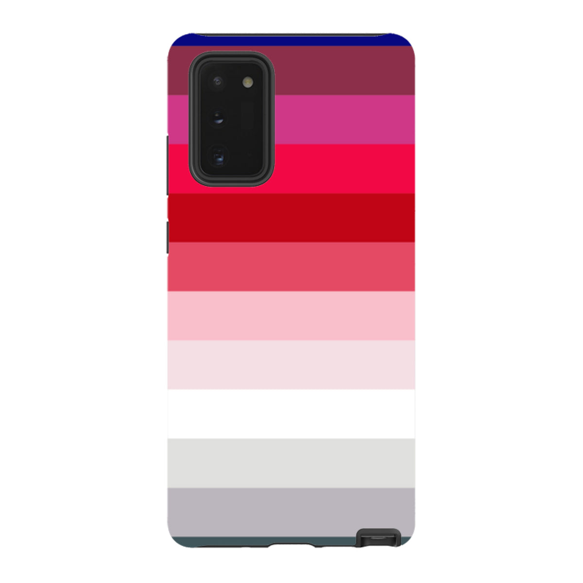 Samsung Tough Case featuring a vibrant Ruby Horizon striped gradient design in shades of red, pink, and white.