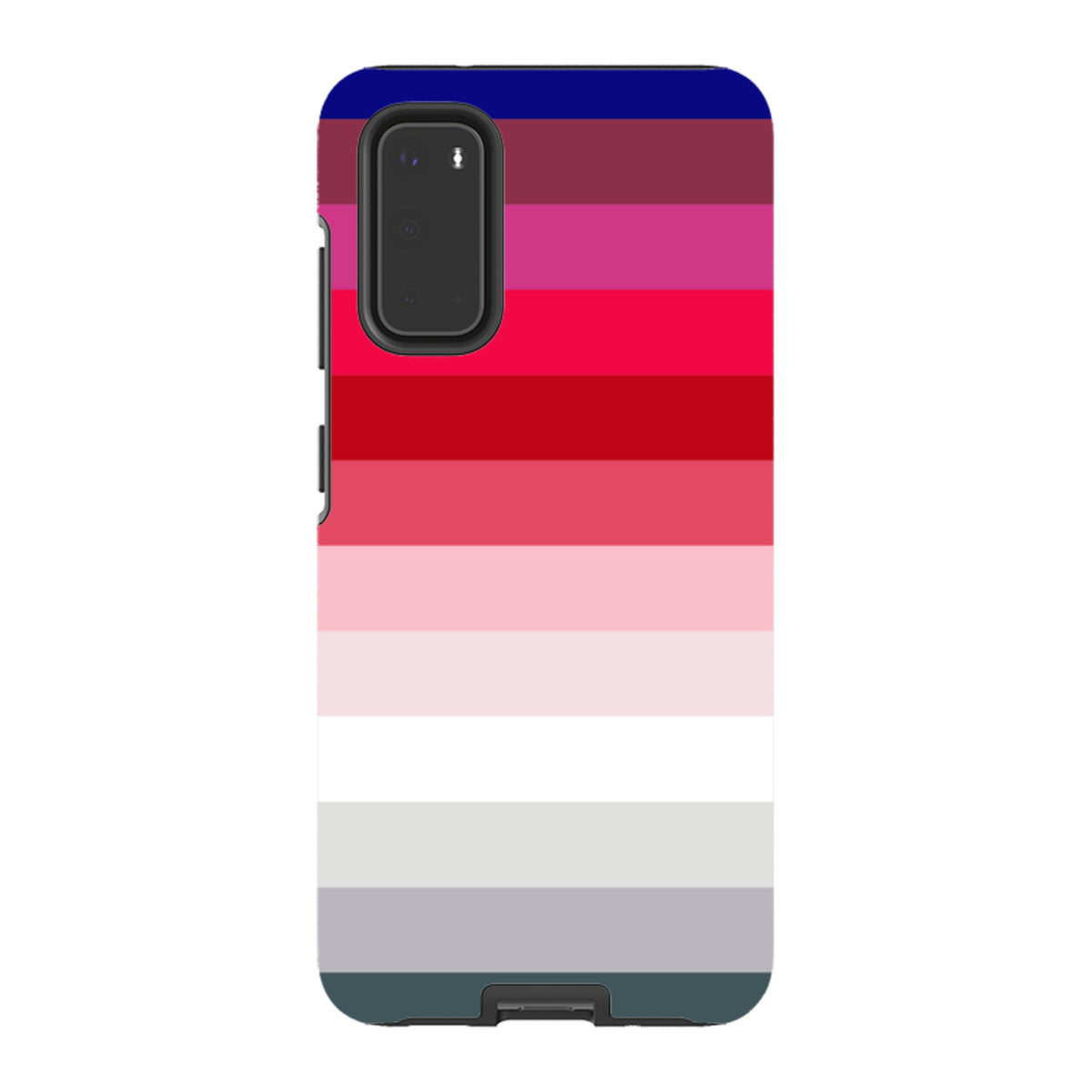Samsung Tough Case with a Ruby Horizon striped gradient design in shades of red, pink, white, and grey.