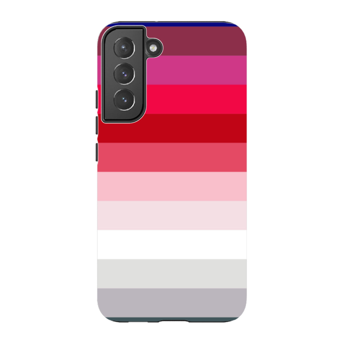 Samsung Tough Case featuring a Ruby Horizon striped gradient design in shades of red, pink, and white for Galaxy phones.
