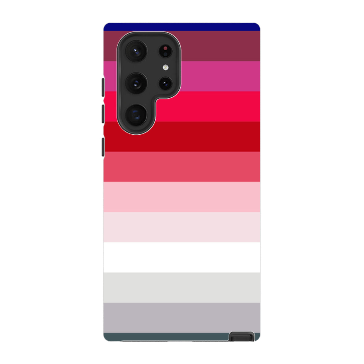 Samsung Tough Case featuring a Ruby Horizon striped gradient design in shades of red, pink, and white for Galaxy phones.