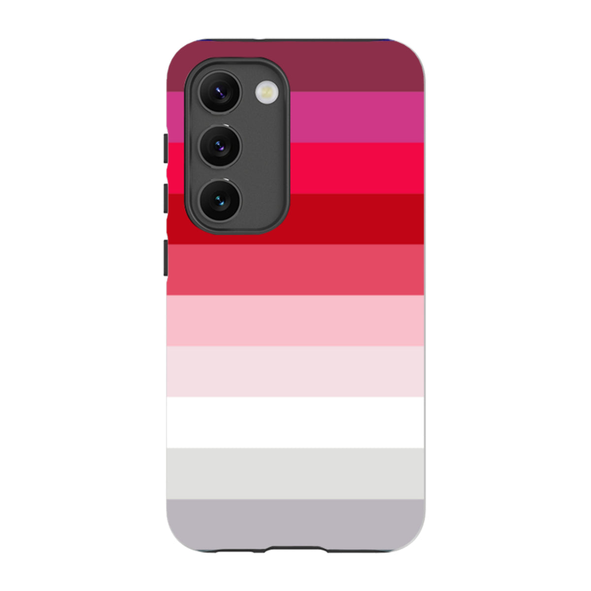 Samsung Tough Case featuring a Ruby Horizon striped gradient design in shades of red, pink, and white for Galaxy phones.