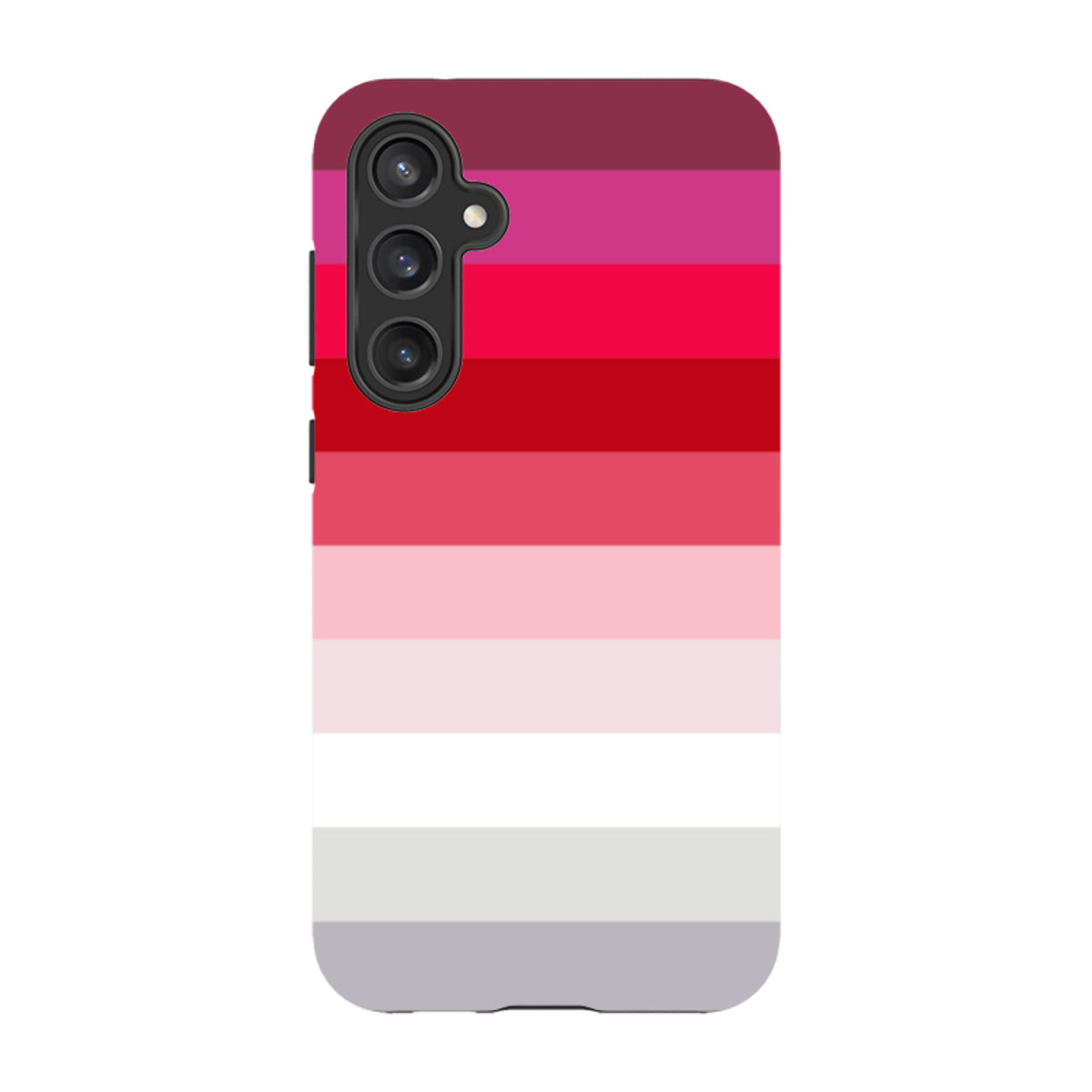 Samsung Tough Case featuring a Ruby Horizon gradient of red, pink, and white horizontal stripes for Galaxy phones.