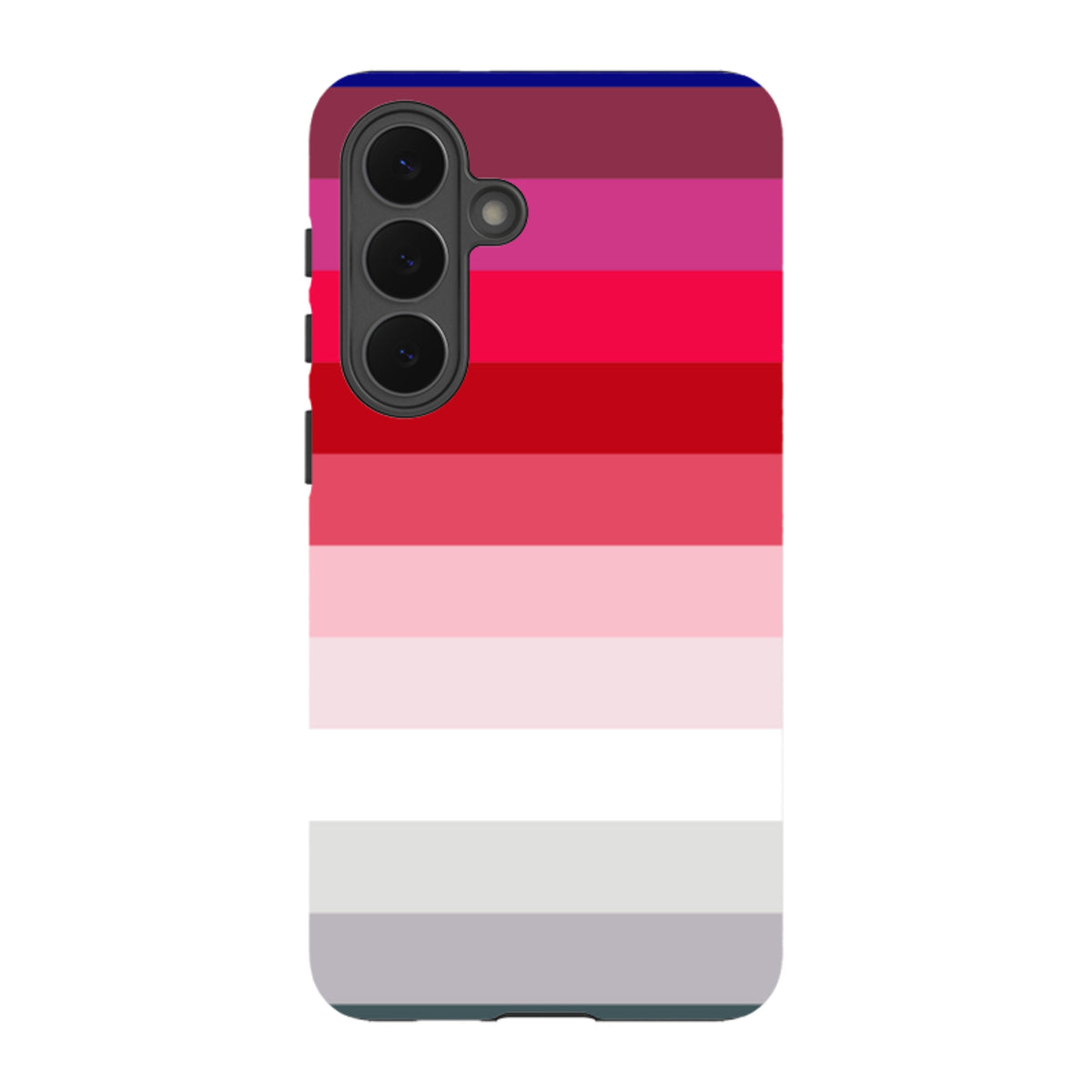 Samsung Tough Case featuring a Ruby Horizon striped gradient design in shades of red, pink, and white for Galaxy phones.