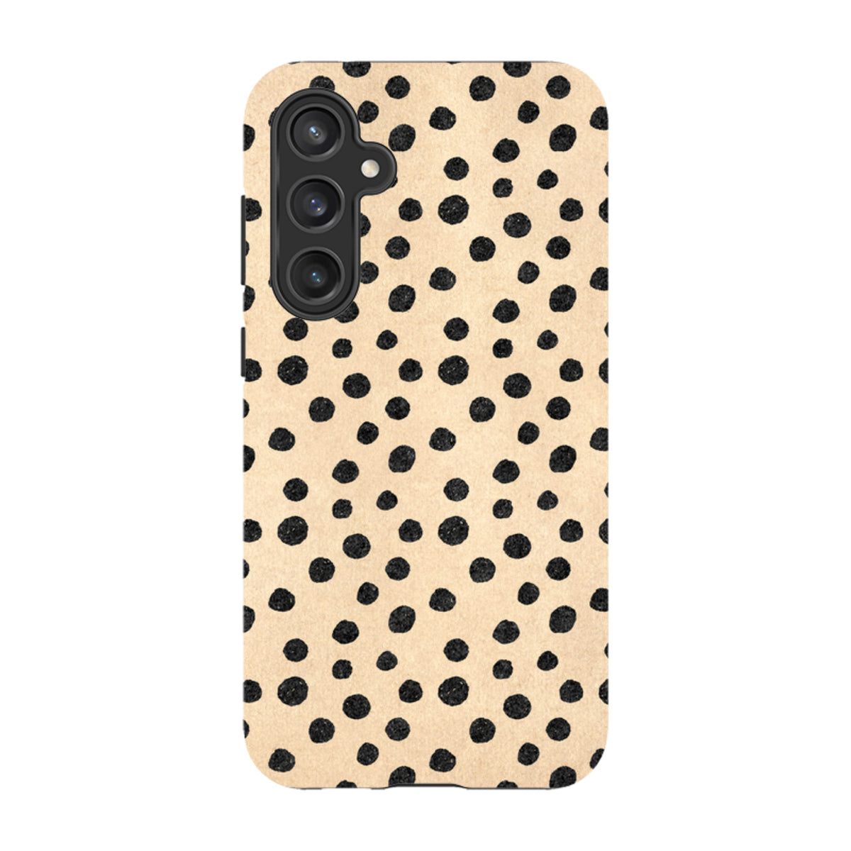 Samsung Tough Case featuring a beige sand-colored background with a black polka dot pattern and triple-lens camera cutout.