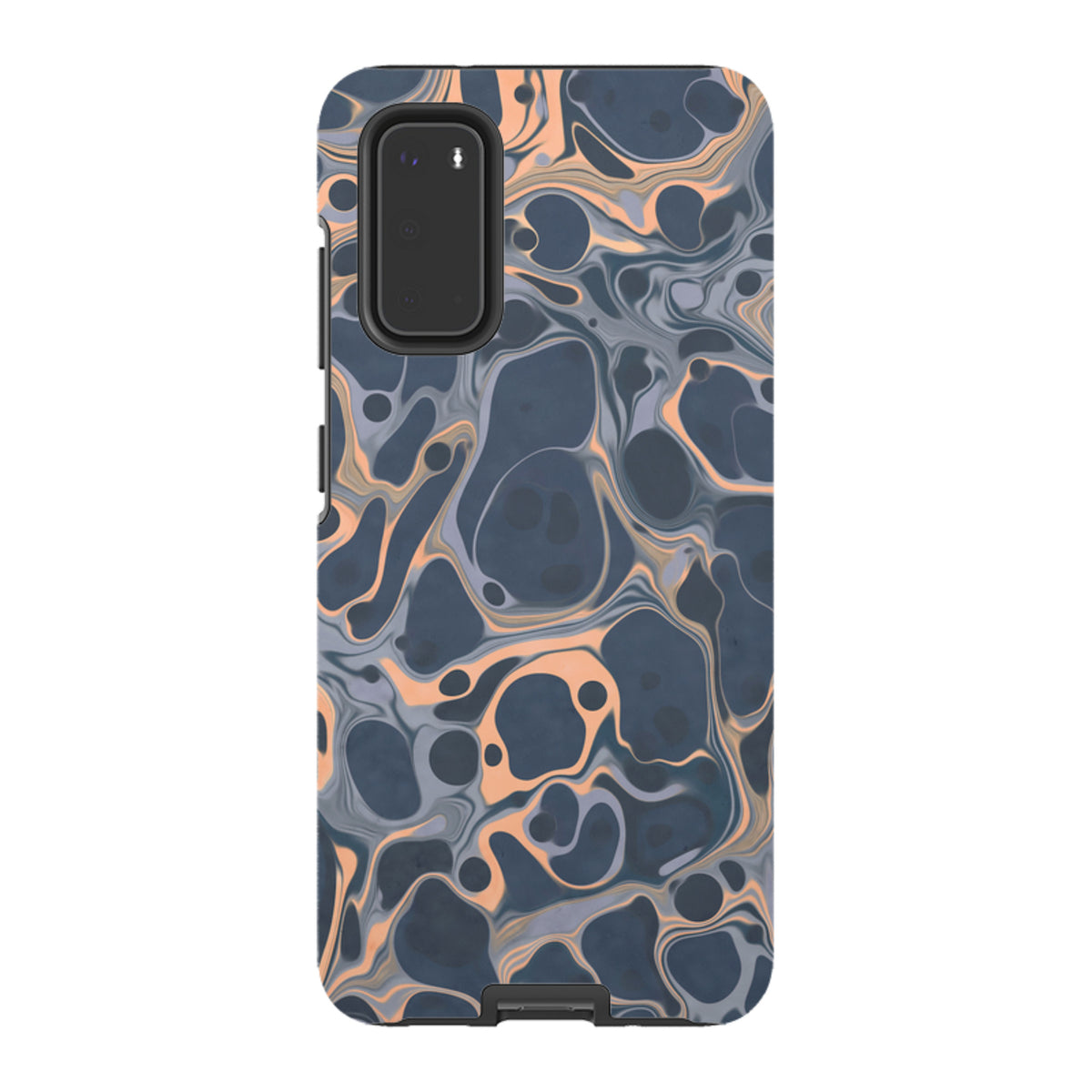 Samsung Tough Case in Sangrita featuring a dark blue and peach marbled abstract design with a dual-layer protective shell.