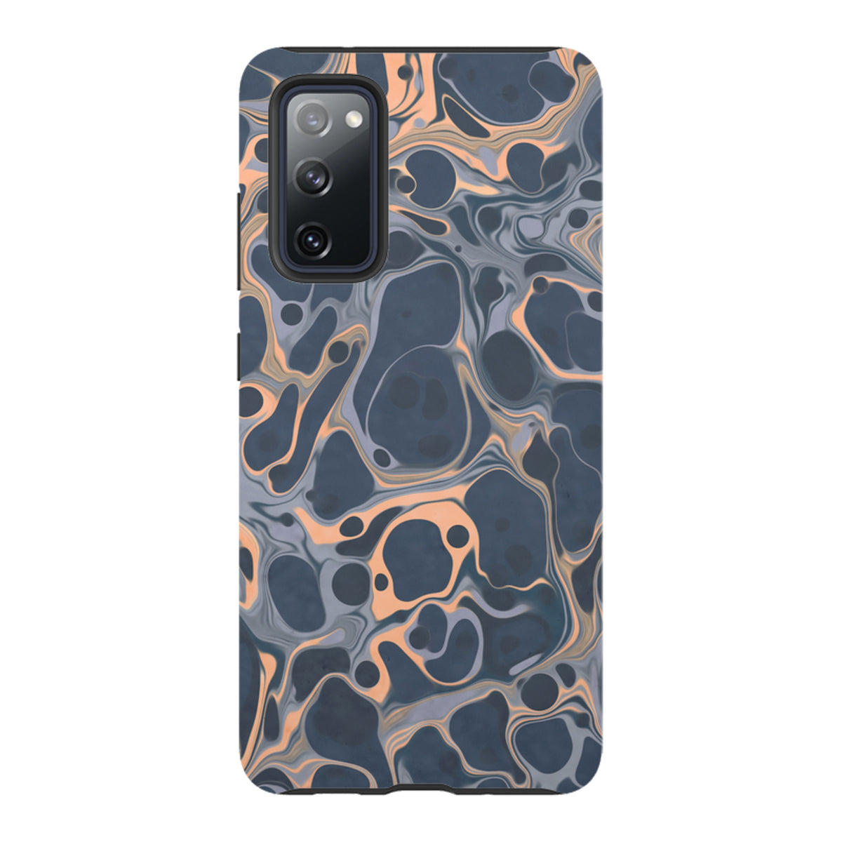 Samsung Tough Case in Sangrita featuring a dark blue and peach abstract marble swirl design with a protective camera cutout.