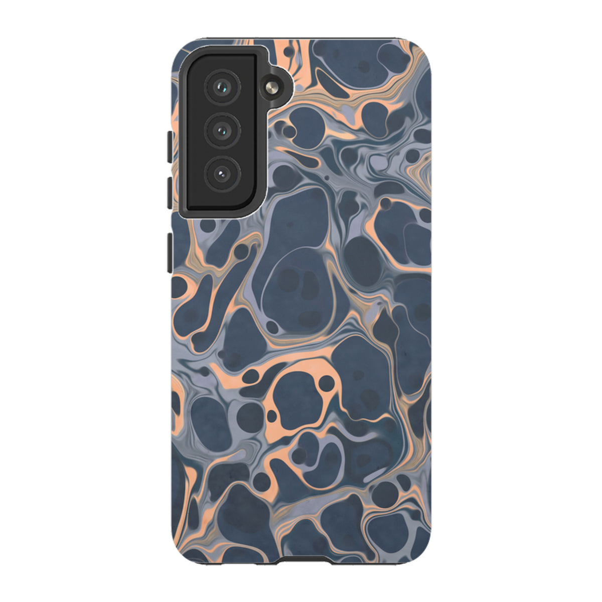 Samsung Tough Case in Sangrita featuring a dual-layer design with a dark blue and peach marble-style abstract pattern.