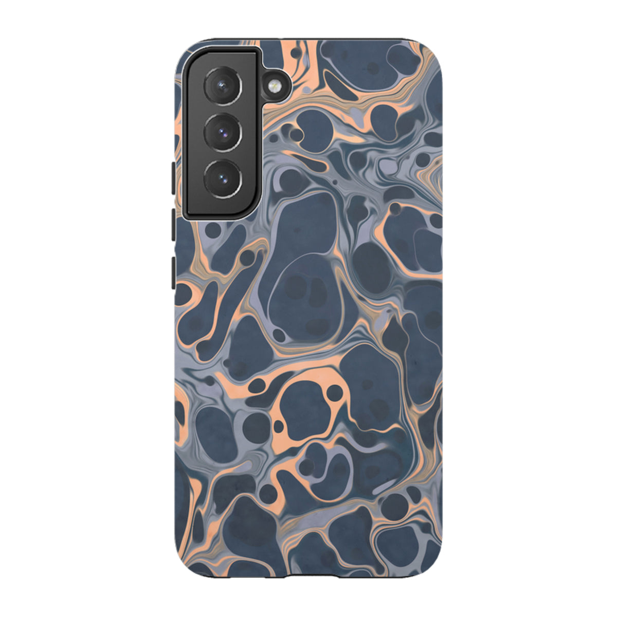Samsung Tough Case in Sangrita featuring a dual-layer design with a dark blue and peach marble swirl pattern.