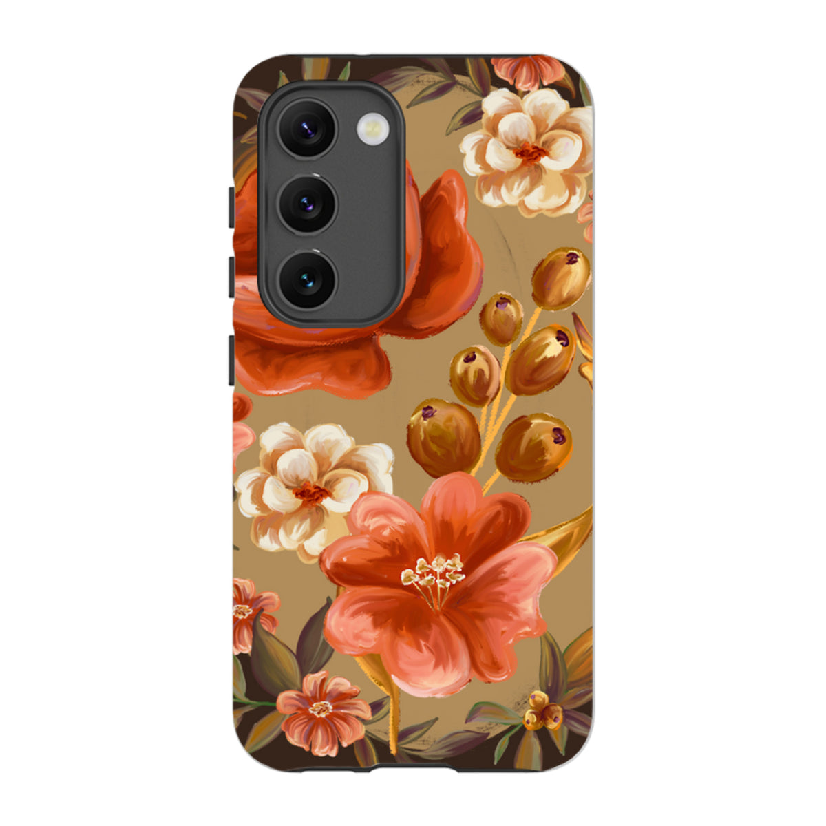 Samsung Tough Case featuring a vibrant red and cream floral art print on a tan background with a protective camera cutout.