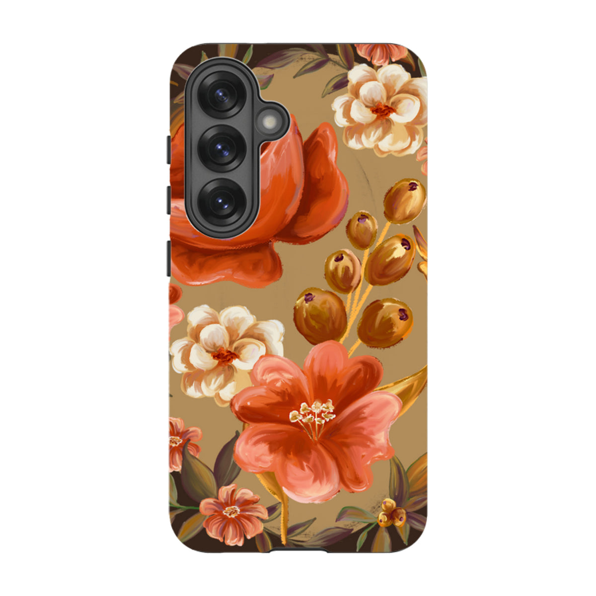 Samsung Tough Case featuring Scotney floral artwork with red and white flowers on a tan background for Galaxy devices.