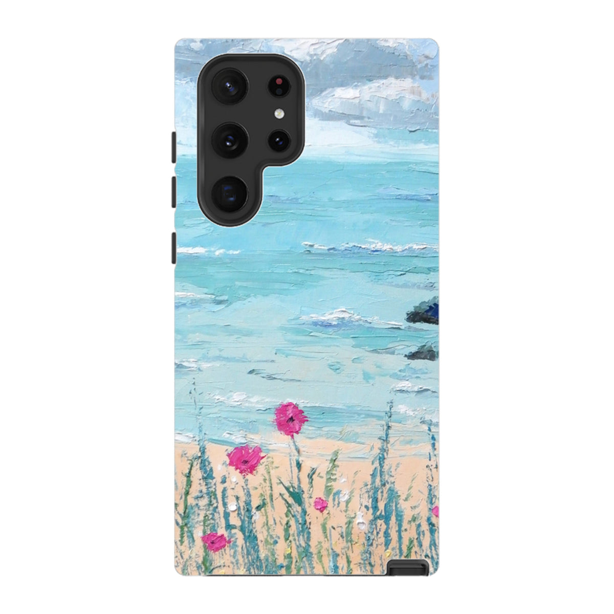 Samsung Tough Case featuring a textured Seascape oil painting with blue ocean waves, sandy beach, and pink flowers.