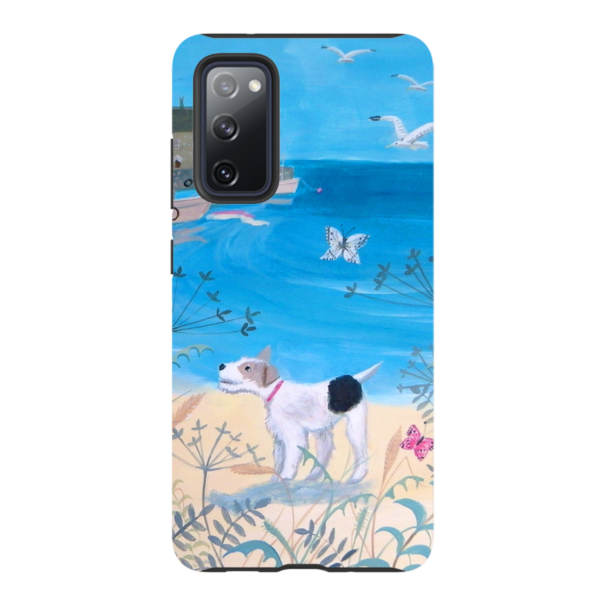 Samsung Tough Case featuring Seaside Dog artwork with a white terrier on a beach, blue ocean, and seagulls.