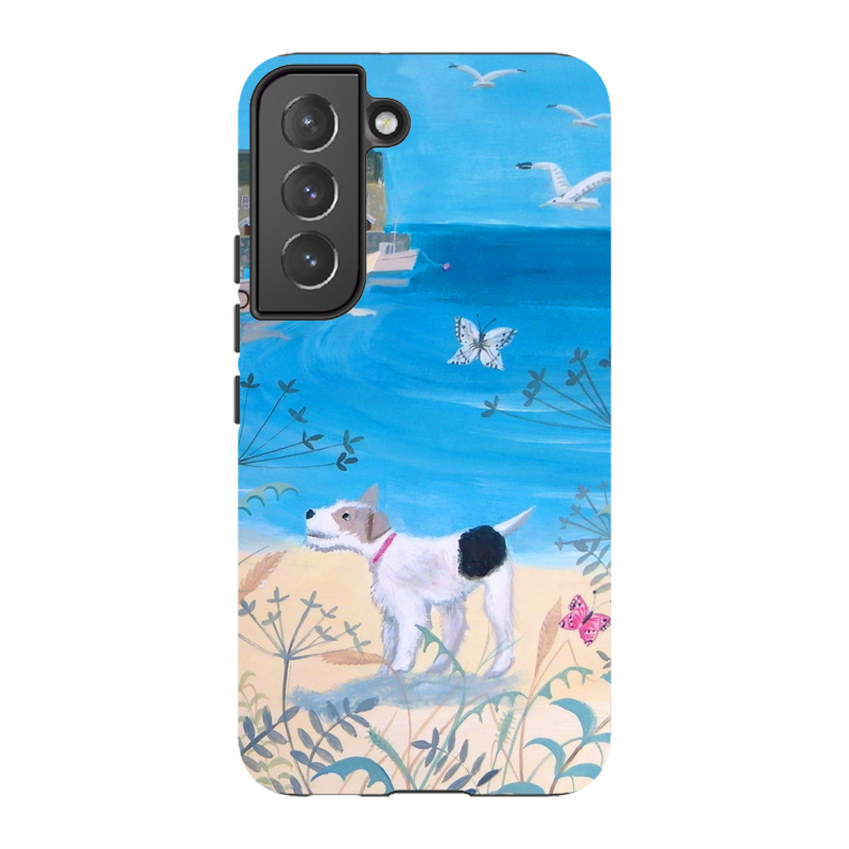 Samsung Tough Case featuring Seaside Dog artwork with a white terrier on a beach, blue ocean, and seagulls.