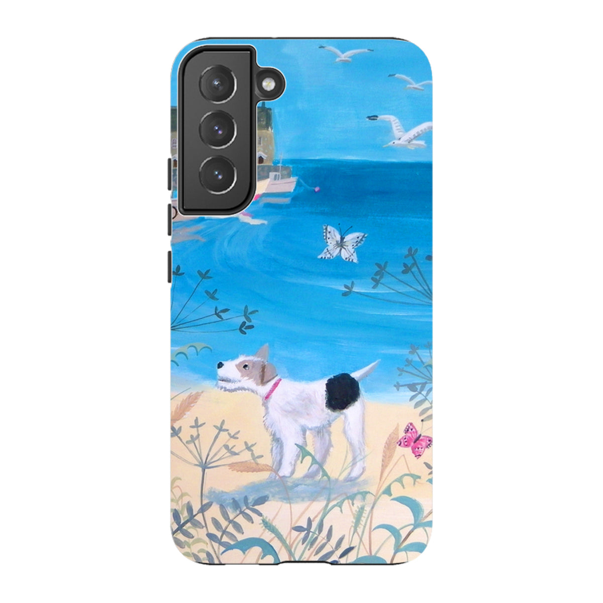 Samsung Tough Case featuring Mary Stubberfield's Seaside Dog art with a white terrier on a blue coastal beach scene.