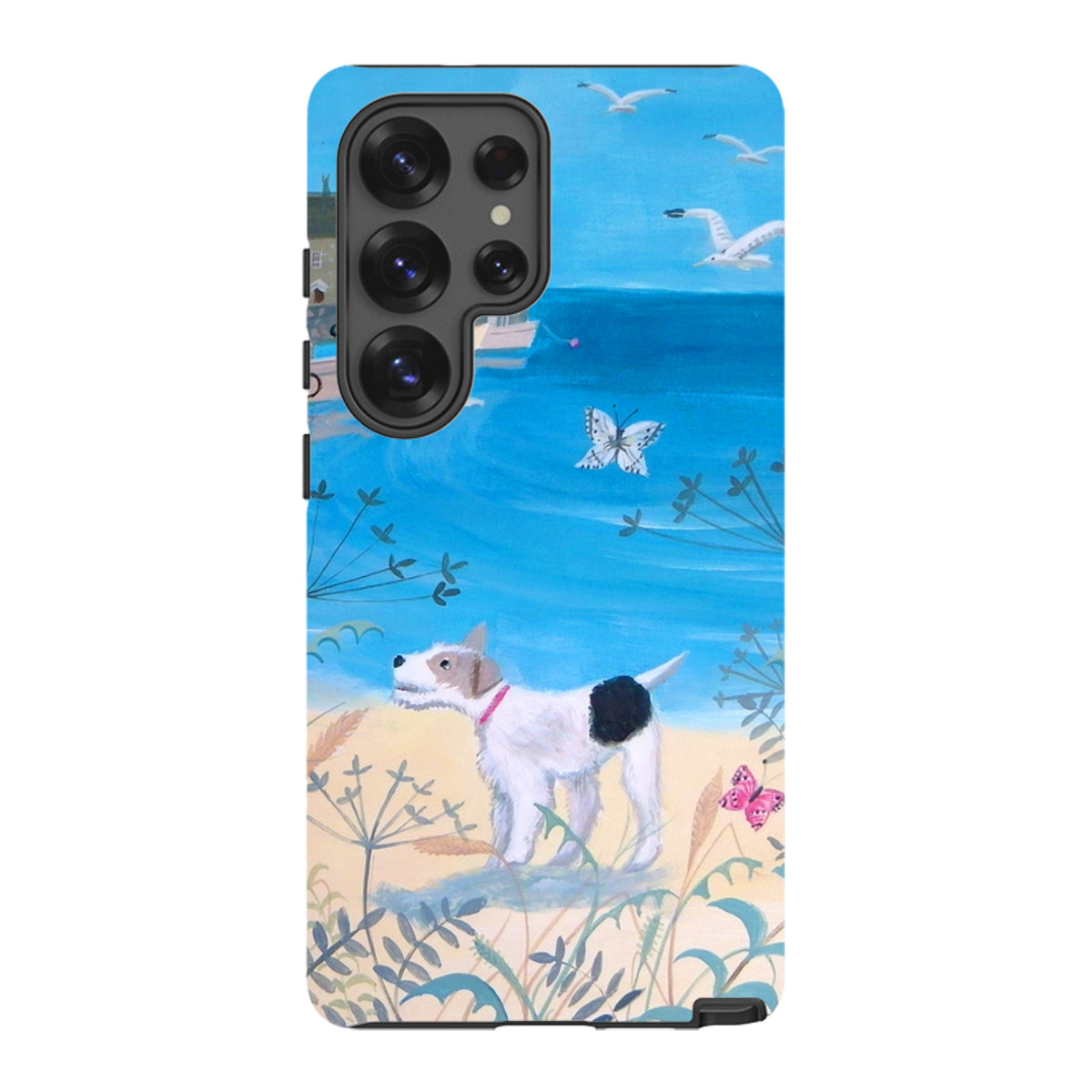 Samsung Tough Case featuring Seaside Dog artwork with a white terrier on a beach, blue ocean, and seagulls.