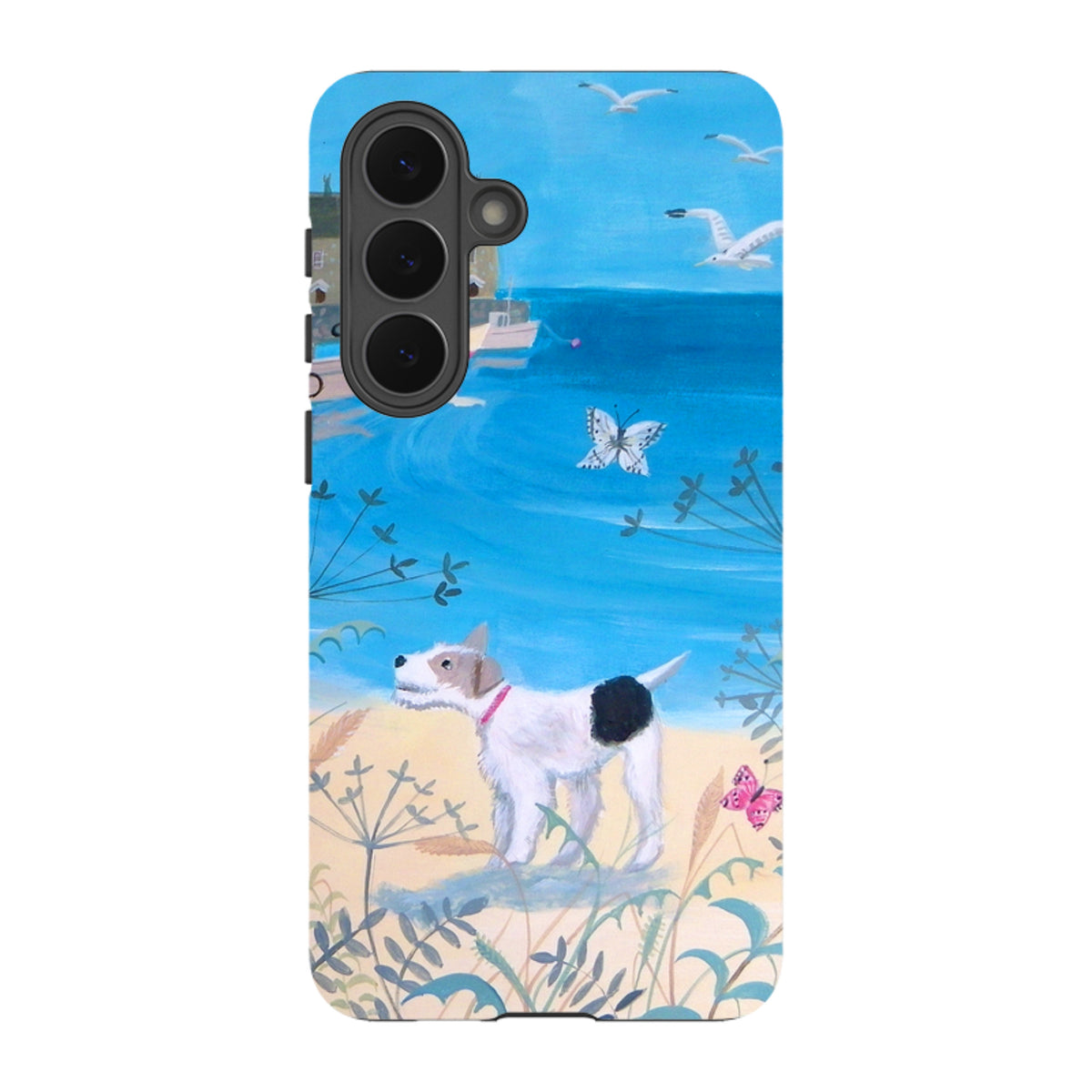 Samsung Galaxy tough case featuring Mary Stubberfield's Seaside Dog art with a terrier on a blue coastal beach.