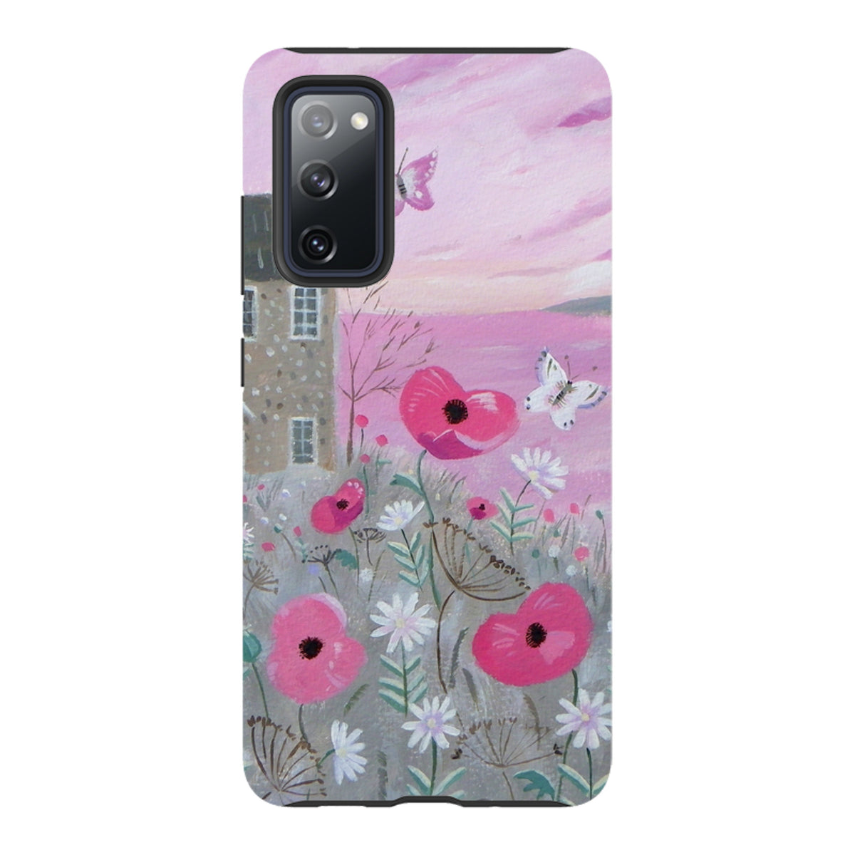 Samsung Tough Case featuring a pink seaside floral painting with butterflies, a stone cottage, and dual-layer protection.