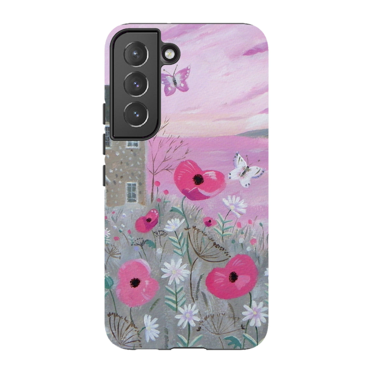 Samsung Tough Case featuring a pink floral seaside painting with butterflies, dual-layer protection, and camera cutouts.