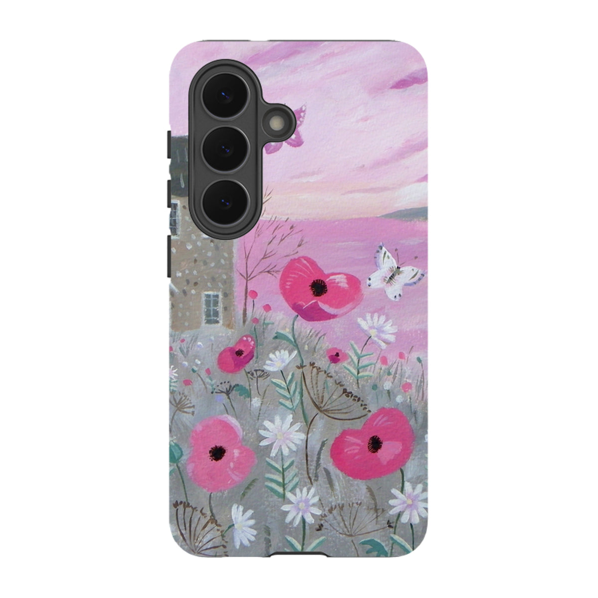 Samsung Tough Case featuring pink Seaside Flowers artwork, dual-layer protection, and a butterfly design on a Galaxy phone.
