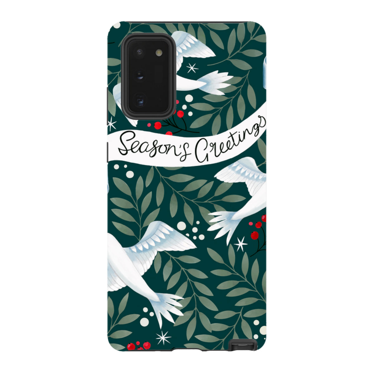 Samsung Tough Case featuring a dark green foliage pattern with white doves, red berries, and Seasons Greetings text.