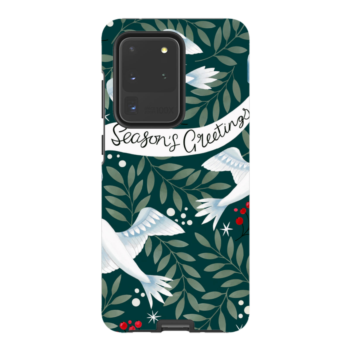 Samsung Tough Case featuring white doves, red berries, and Season's Greetings text on a dark green leafy background.
