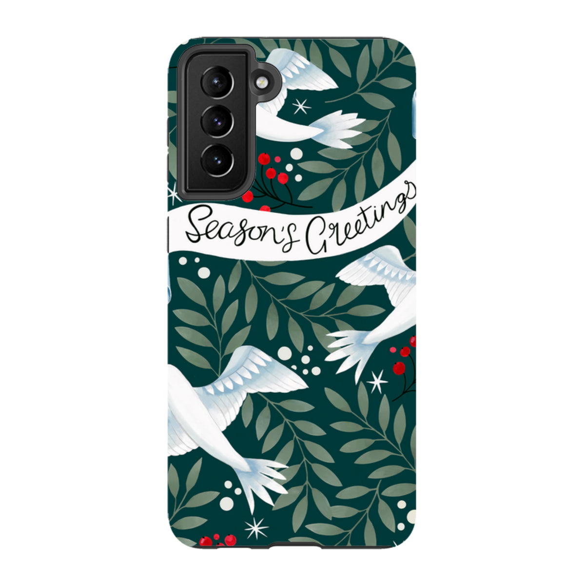 Samsung Tough Case featuring white doves, red berries, and Season's Greetings text on a dark green leafy background.