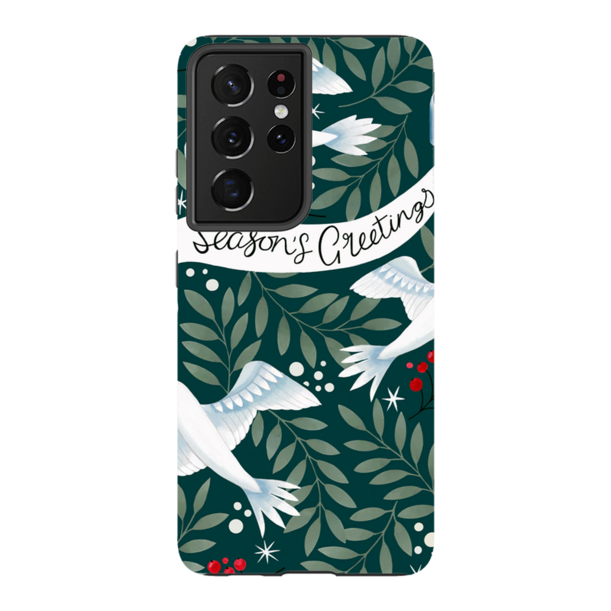 Samsung tough phone case featuring white doves, festive leaves, and Season's Greetings text on a dark green background.