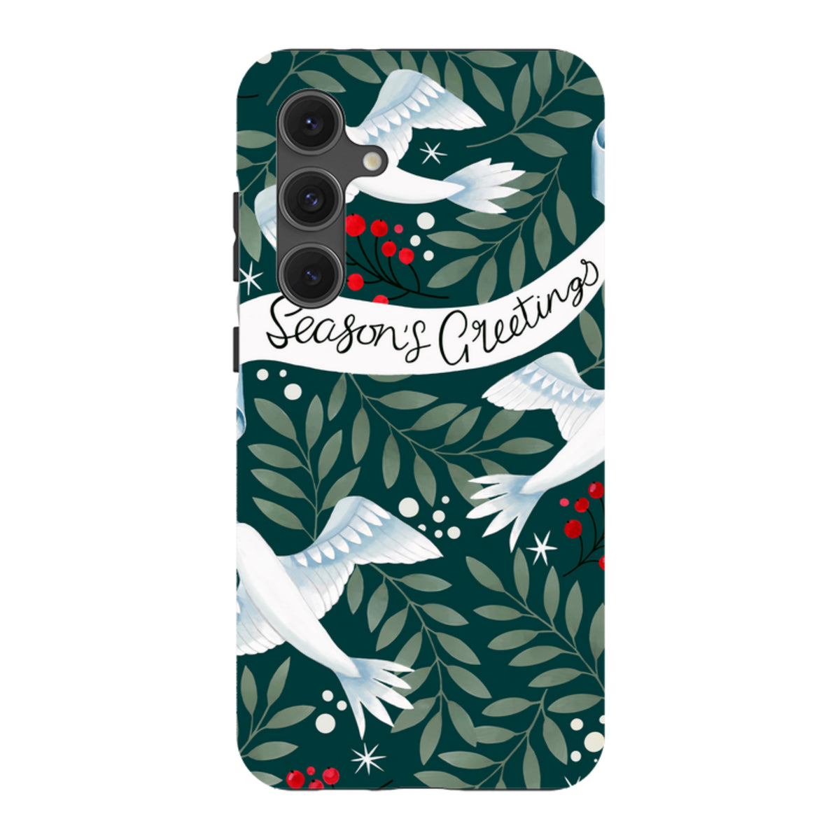 Samsung Tough Case featuring white doves and red berries on a dark green leafy background with Seasons Greetings text.