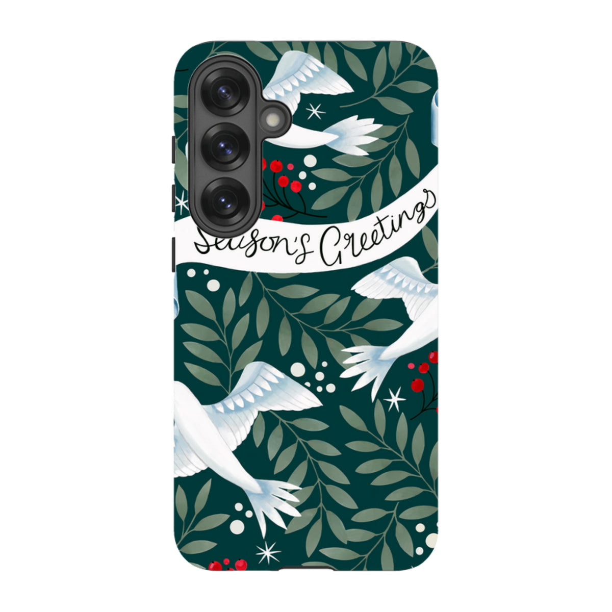 Samsung Tough Case featuring white doves, red berries, and Season's Greetings text on a dark green leafy background.