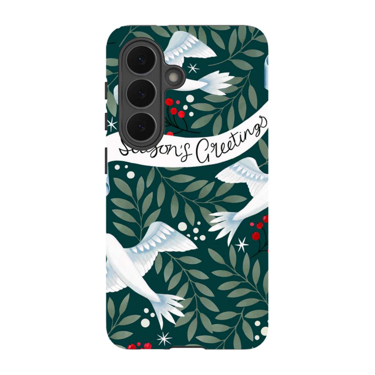 Samsung Tough Case featuring a dark green foliage pattern with white doves, red berries, and Season's Greetings text.