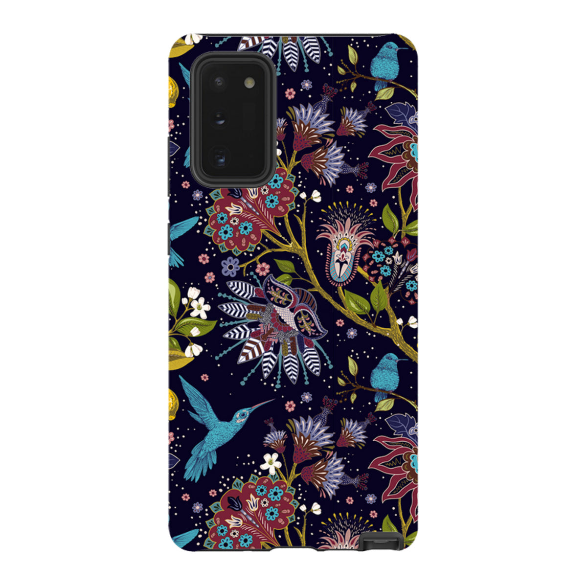 Samsung Tough Case featuring a dark blue floral pattern with colorful hummingbirds and intricate botanical illustrations.