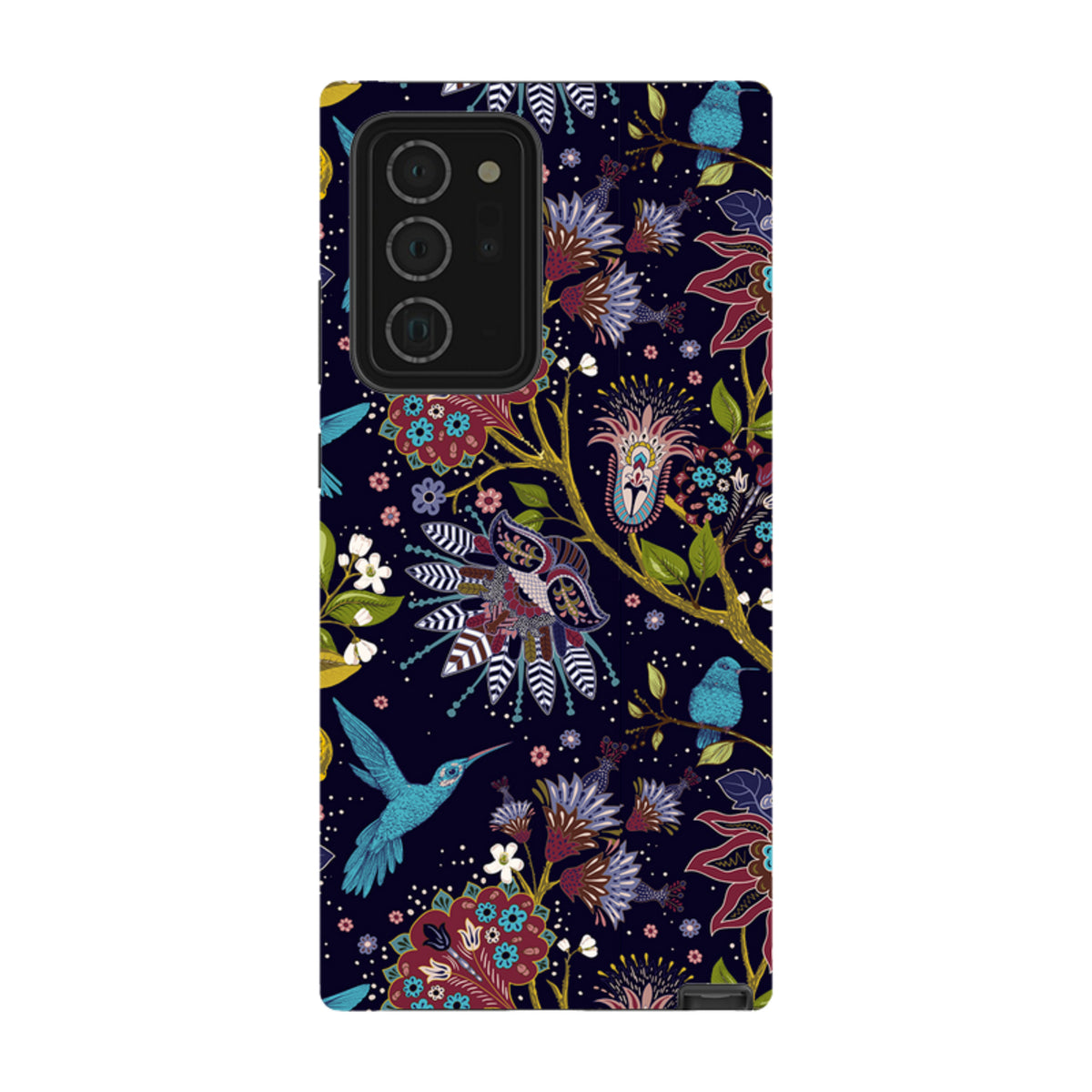 Samsung Tough Case featuring a dark floral pattern with hummingbirds and intricate botanical art for Galaxy devices.