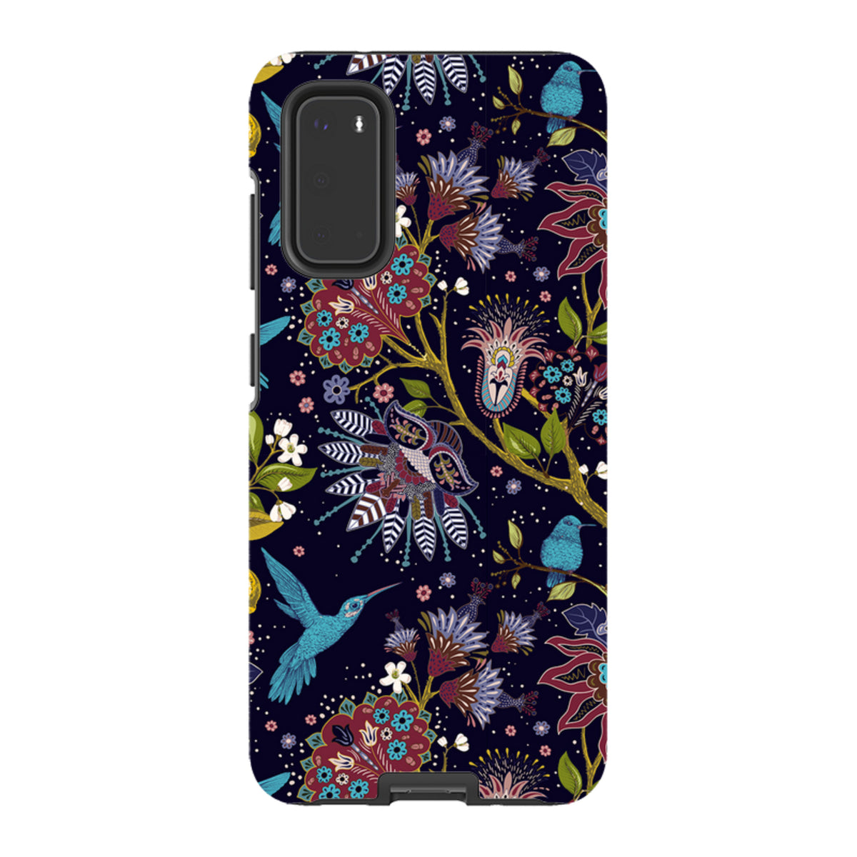 Samsung Tough Case featuring a dark floral pattern with blue hummingbirds and vibrant botanical art on a dual-layer shell.