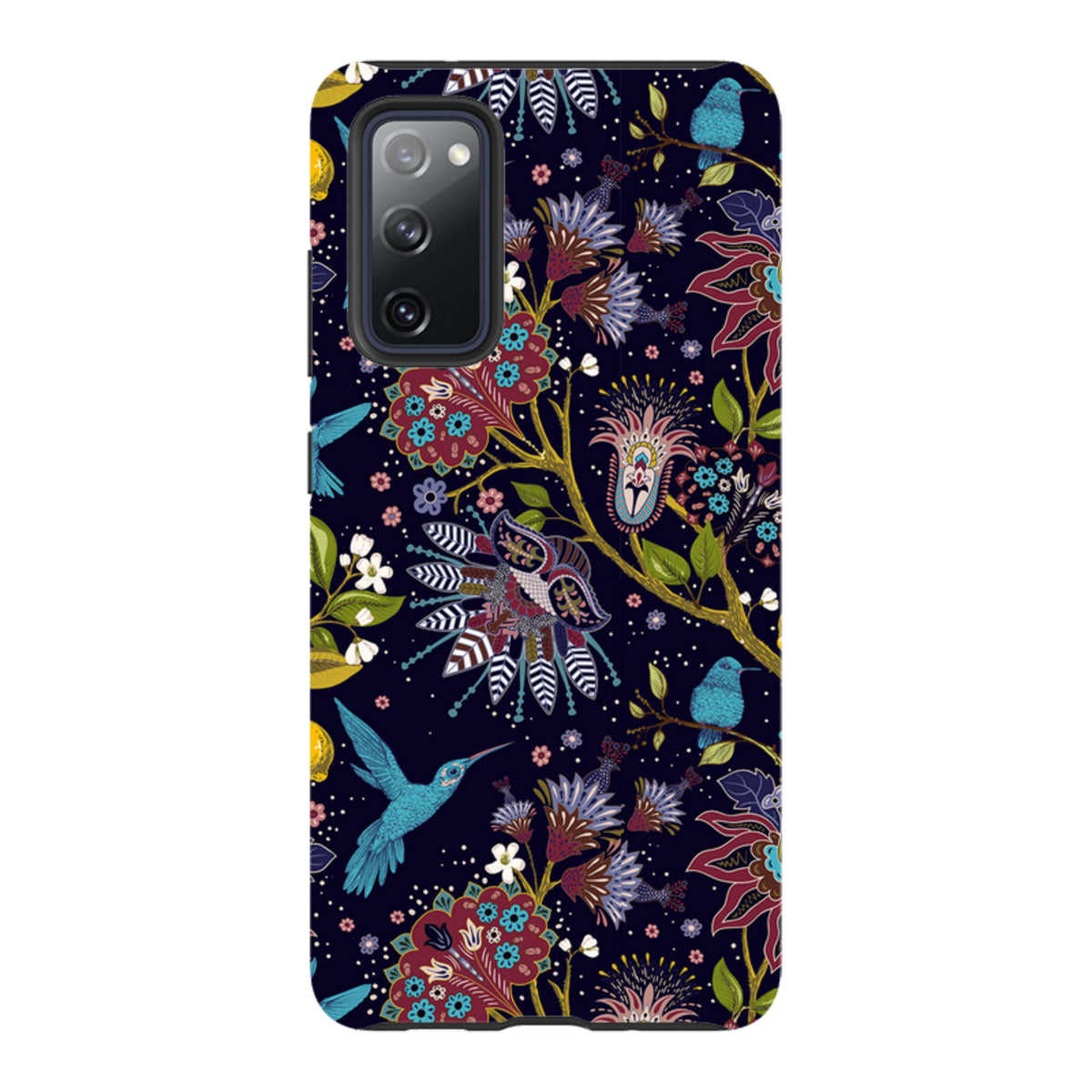 Samsung Tough Case featuring a dark floral pattern with vibrant hummingbirds and intricate botanical illustrations.