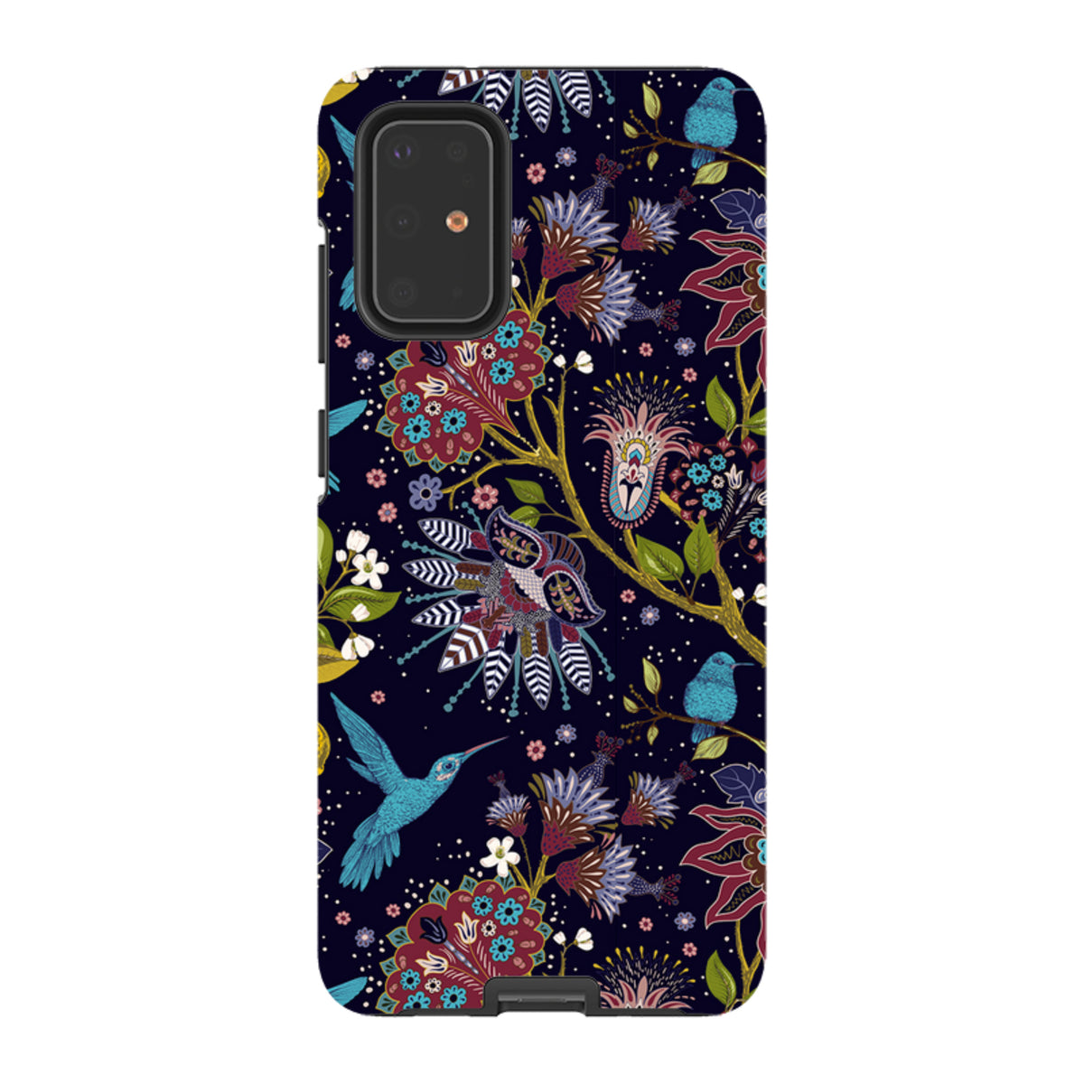 Samsung Tough Case featuring a dark floral pattern with blue hummingbirds and vibrant, intricate botanical artwork.
