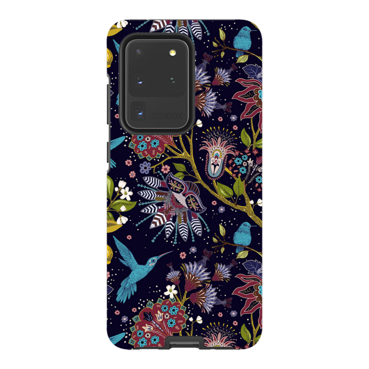 Samsung Tough Case featuring a dark floral pattern with blue hummingbirds and vibrant, intricate botanical artwork.