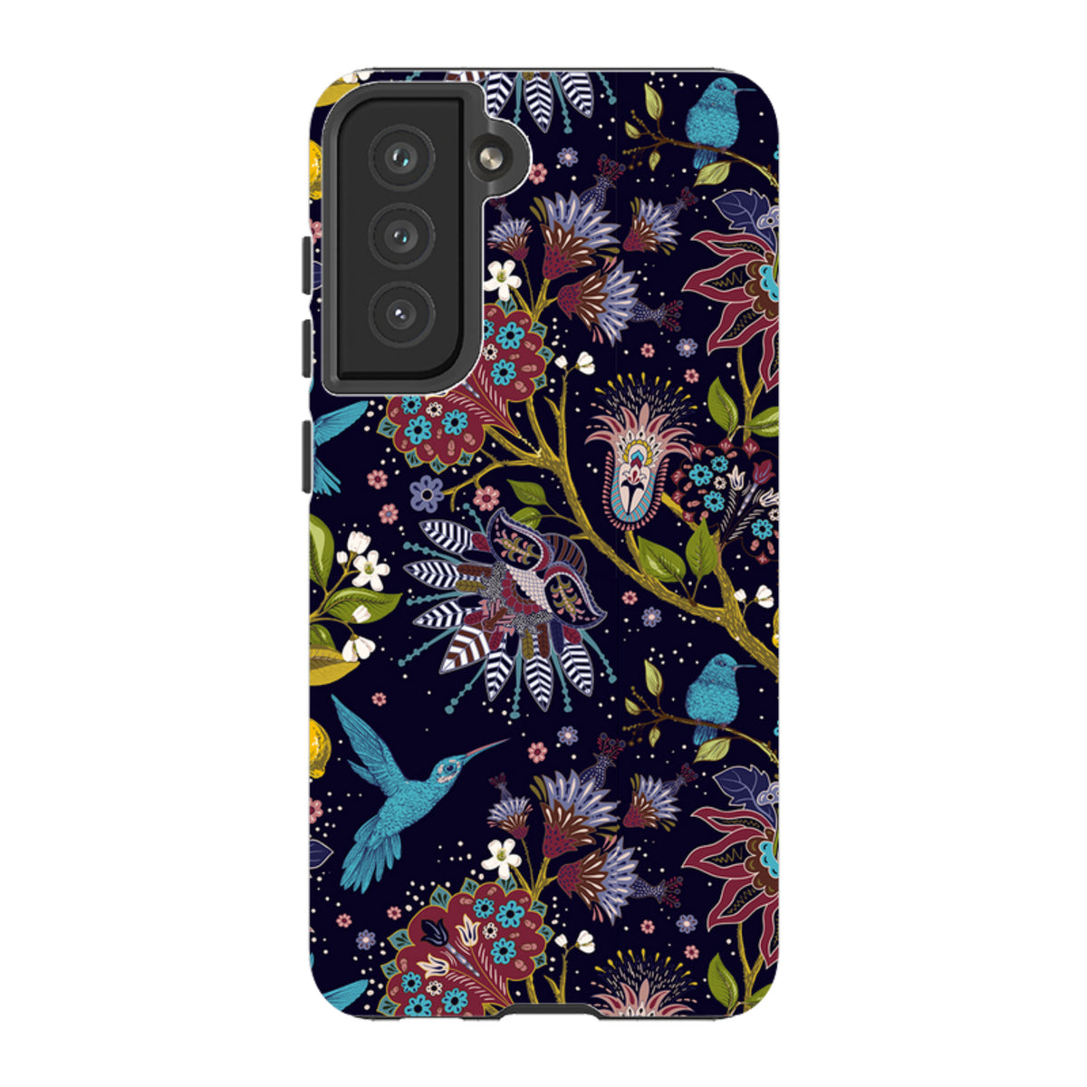 Samsung Tough Case featuring a dark floral pattern with colorful hummingbirds and intricate botanical illustrations.