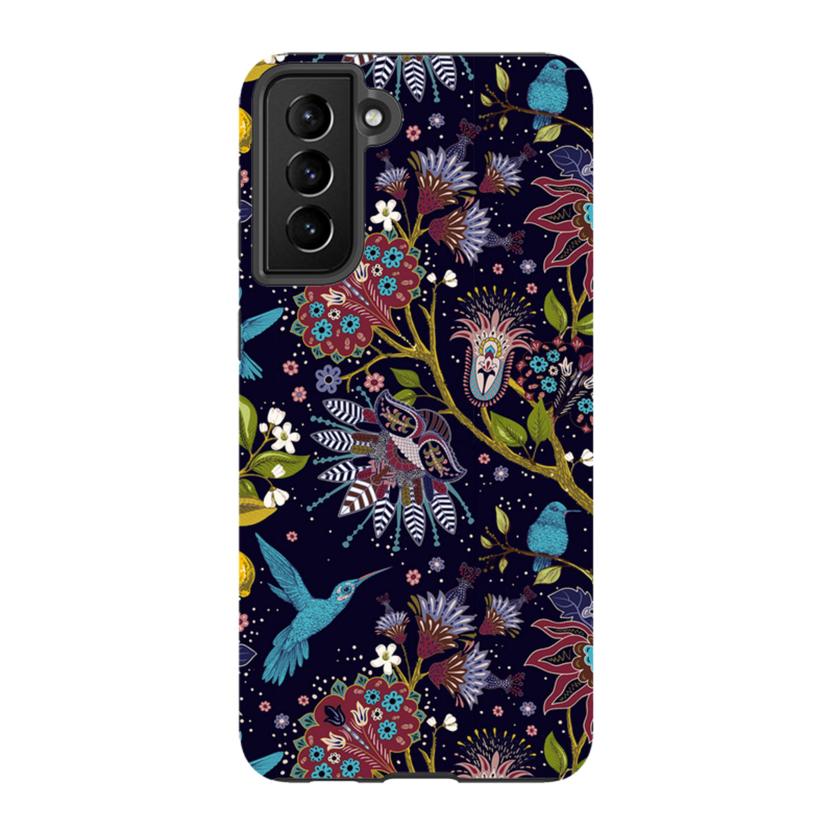 Samsung Tough Case featuring a dark floral pattern with colorful hummingbirds and intricate botanical illustrations.