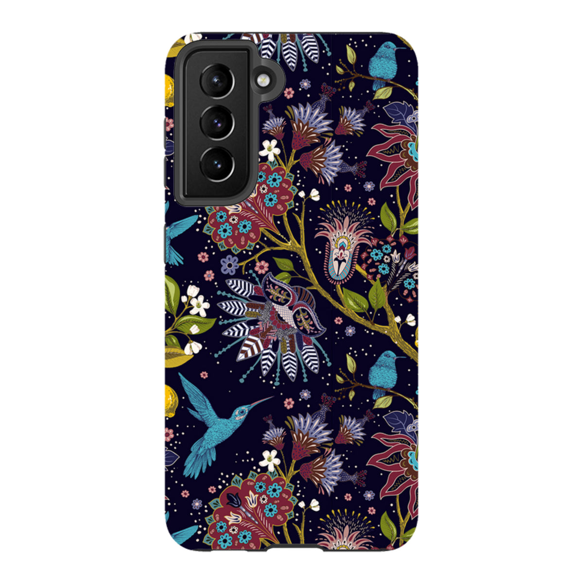 Samsung Tough Case featuring a dark floral and hummingbird pattern with a dual-layer design and camera cut-outs.
