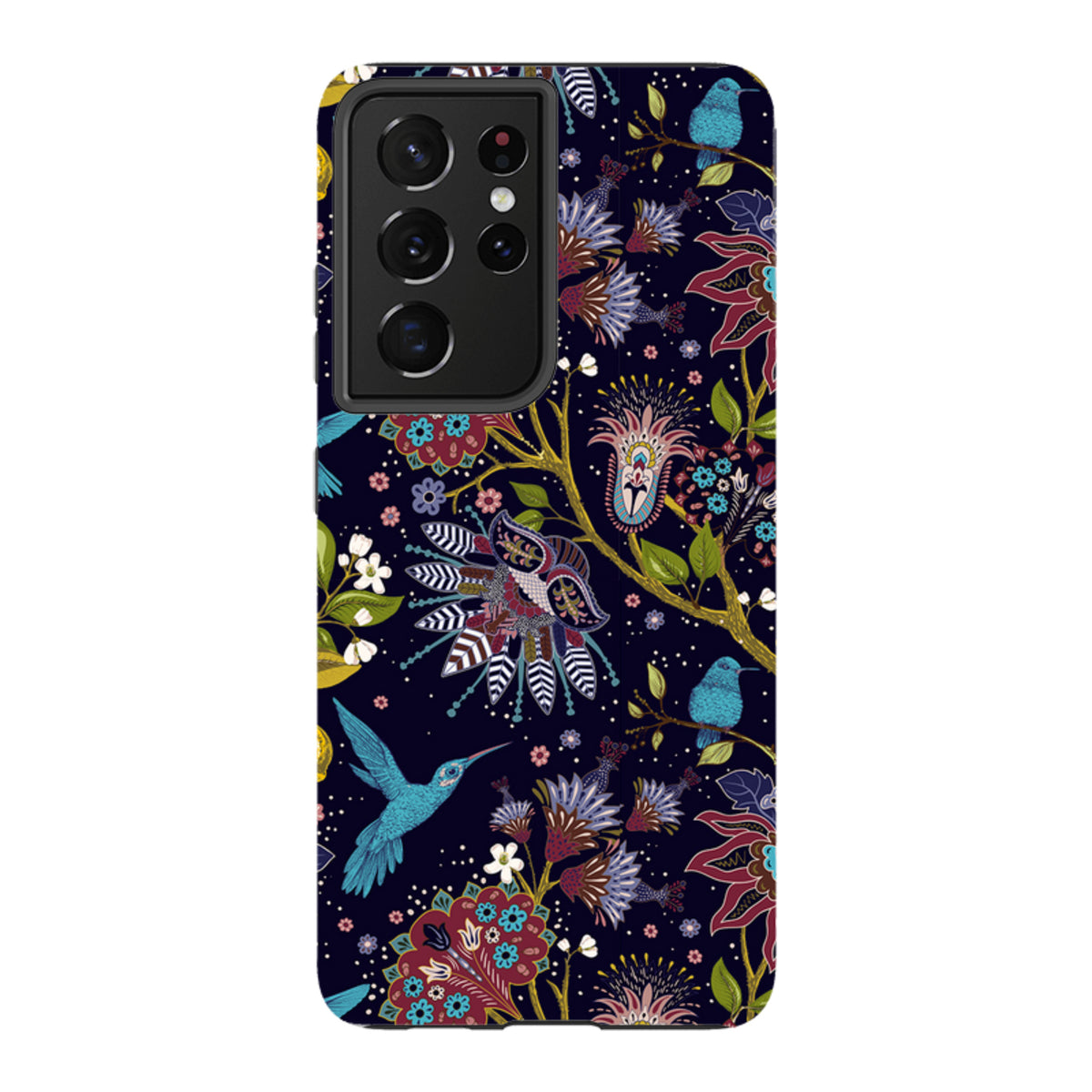 Samsung Galaxy tough case featuring a dark floral pattern with blue hummingbirds and vibrant botanical illustrations.