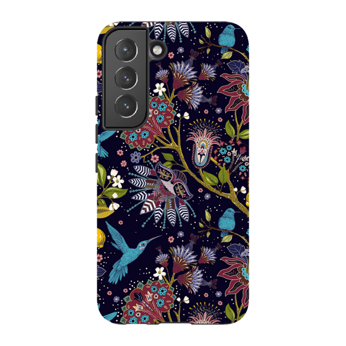 Samsung Tough Case featuring a vibrant hummingbird and floral pattern on a dark navy background with dual-layer protection.