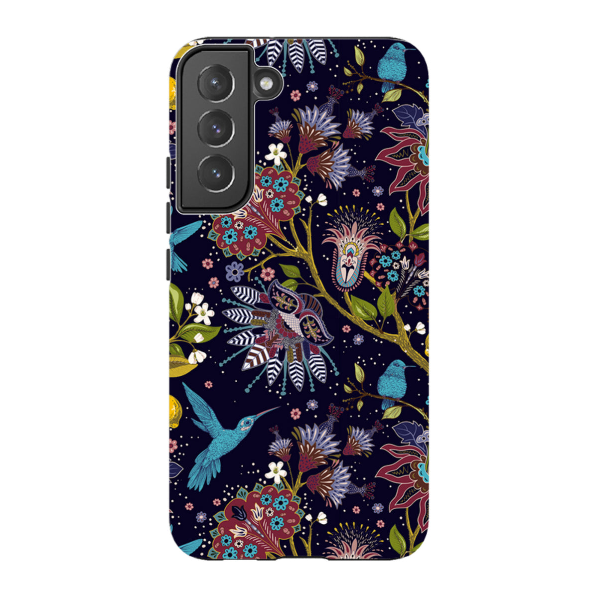 Samsung Tough Case featuring a dark floral pattern with vibrant hummingbirds and intricate botanical illustrations.