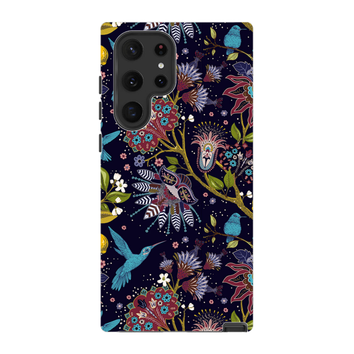 Samsung Tough Case featuring a dark floral pattern with hummingbirds and vibrant, intricate botanical art.
