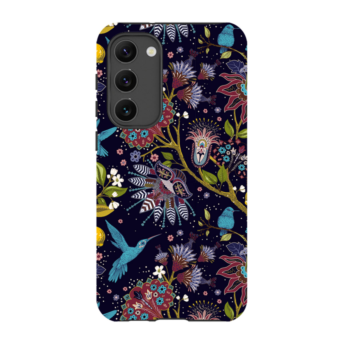 Samsung Tough Case with a dark blue floral pattern, hummingbirds, and vibrant botanical art for Galaxy phones.