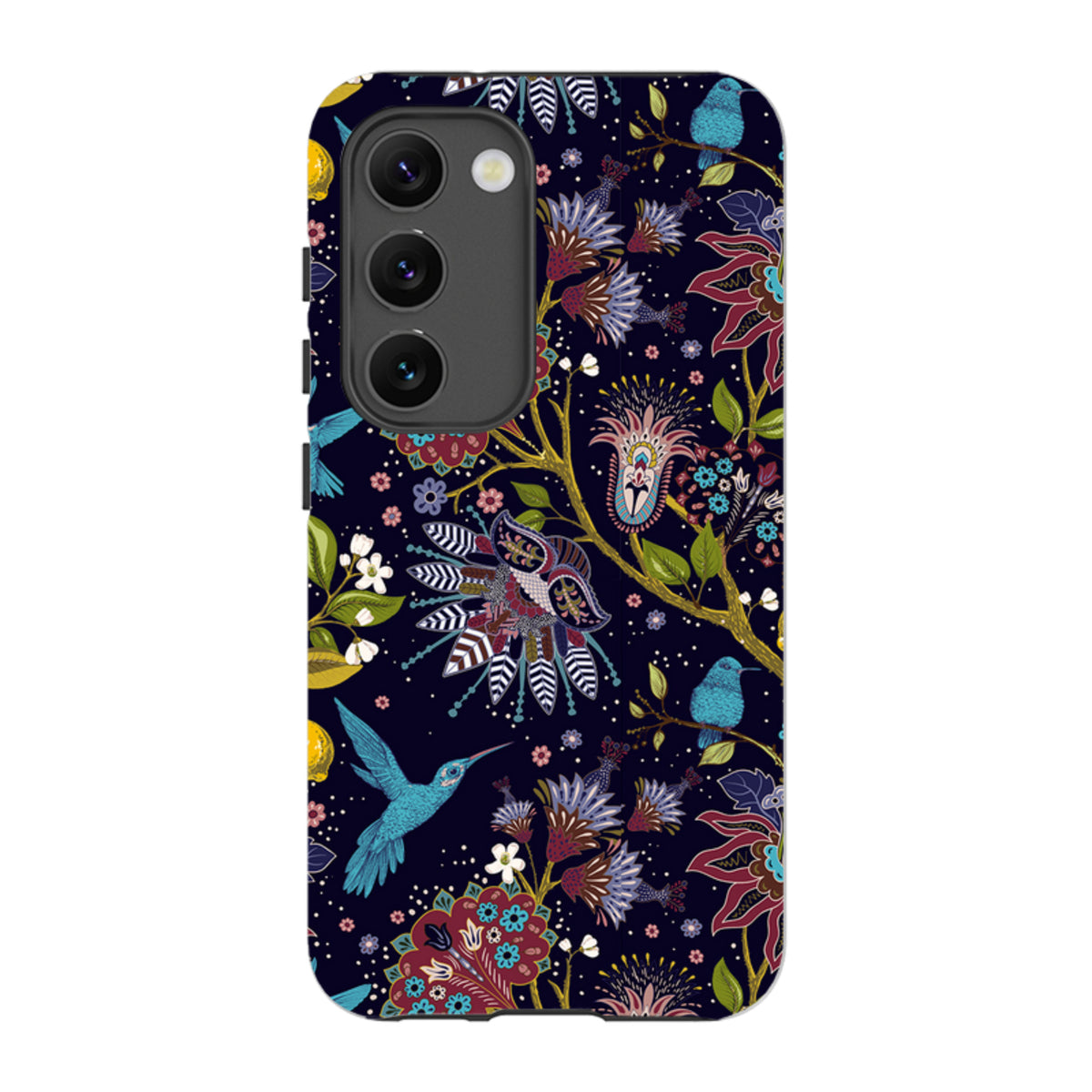 Samsung Tough Case featuring a dark floral pattern with vibrant hummingbirds and intricate botanical illustrations.